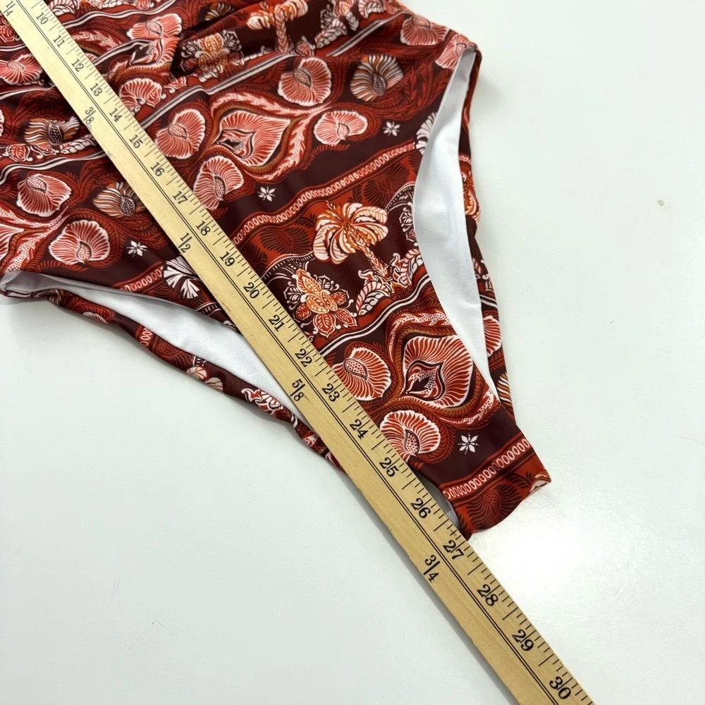 NWT Phax Sz M One Piece Printed Swimsuit Front Twist Stretch Long Sleeve Orange